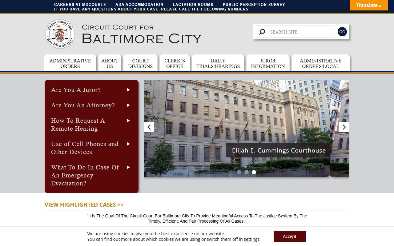 Baltimore City Circuit Court website showing civil court records access