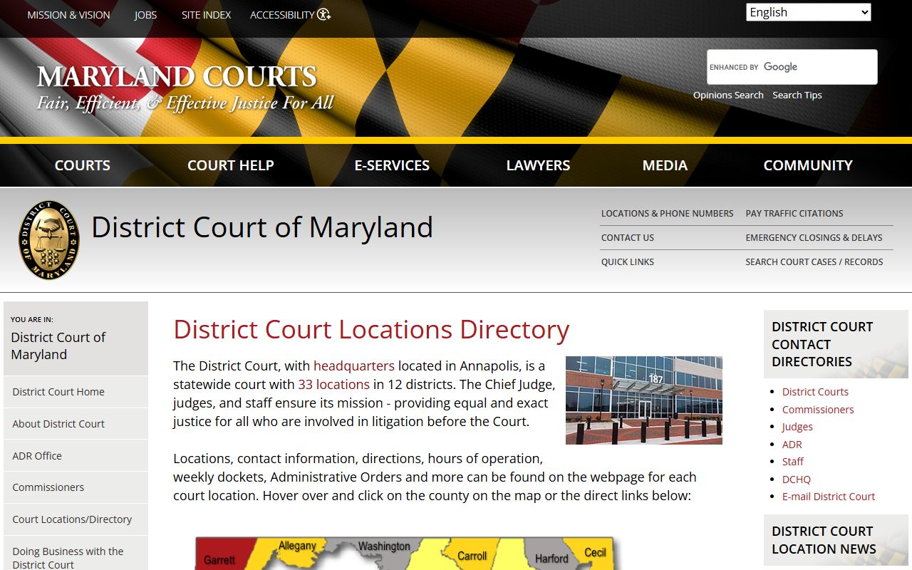 Montgomery County court location map showing courts serving Bethesda civil court records