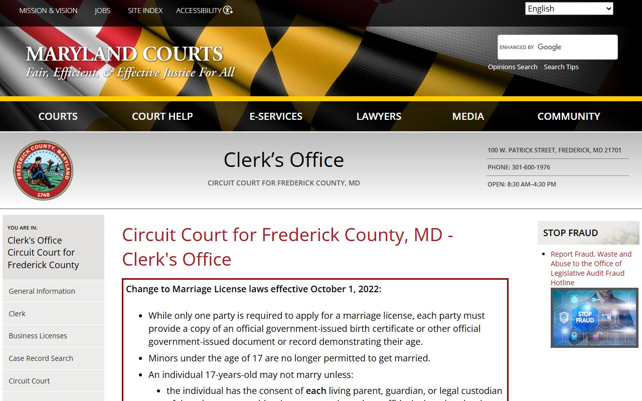 Frederick County Circuit Court clerk page showing Frederick civil court records access