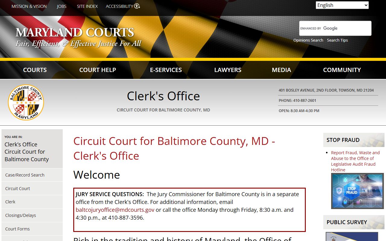 Baltimore County Circuit Court Clerk website for civil court records