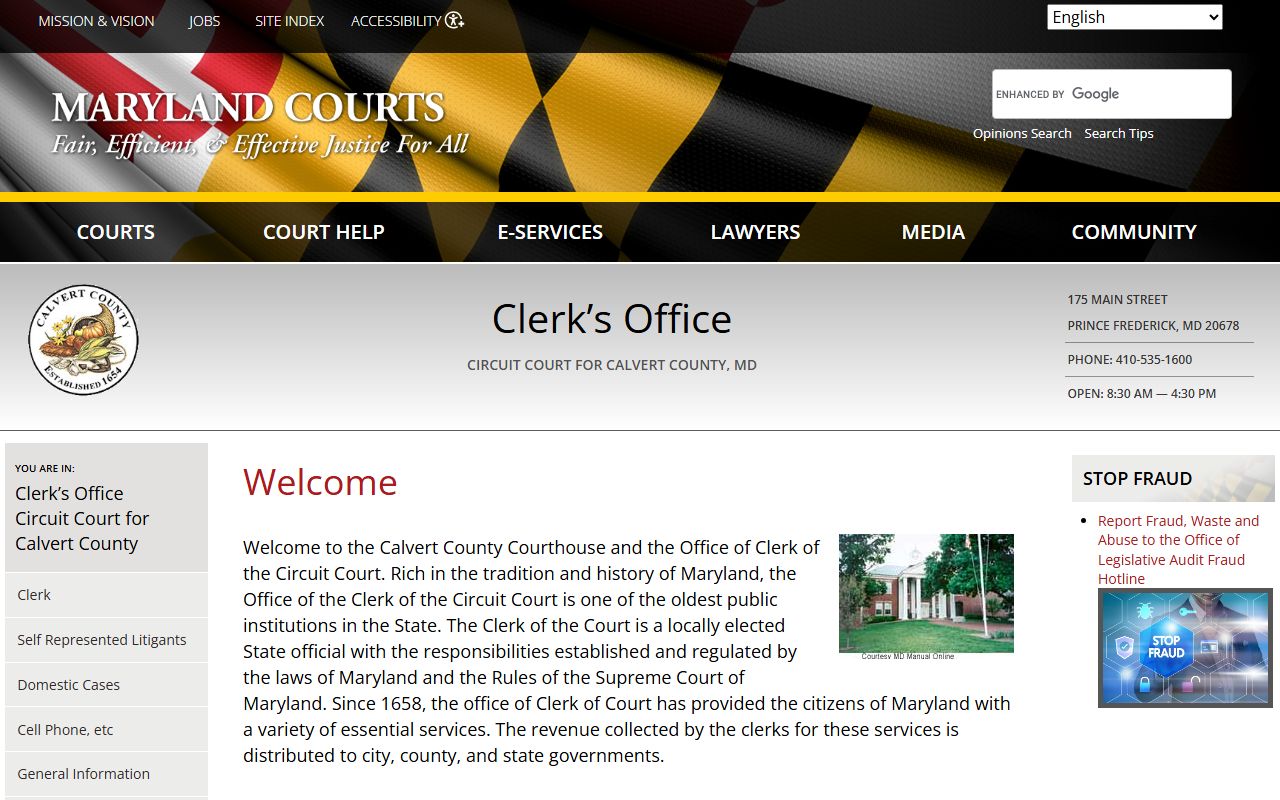 Calvert County Circuit Court Clerk website for civil court records