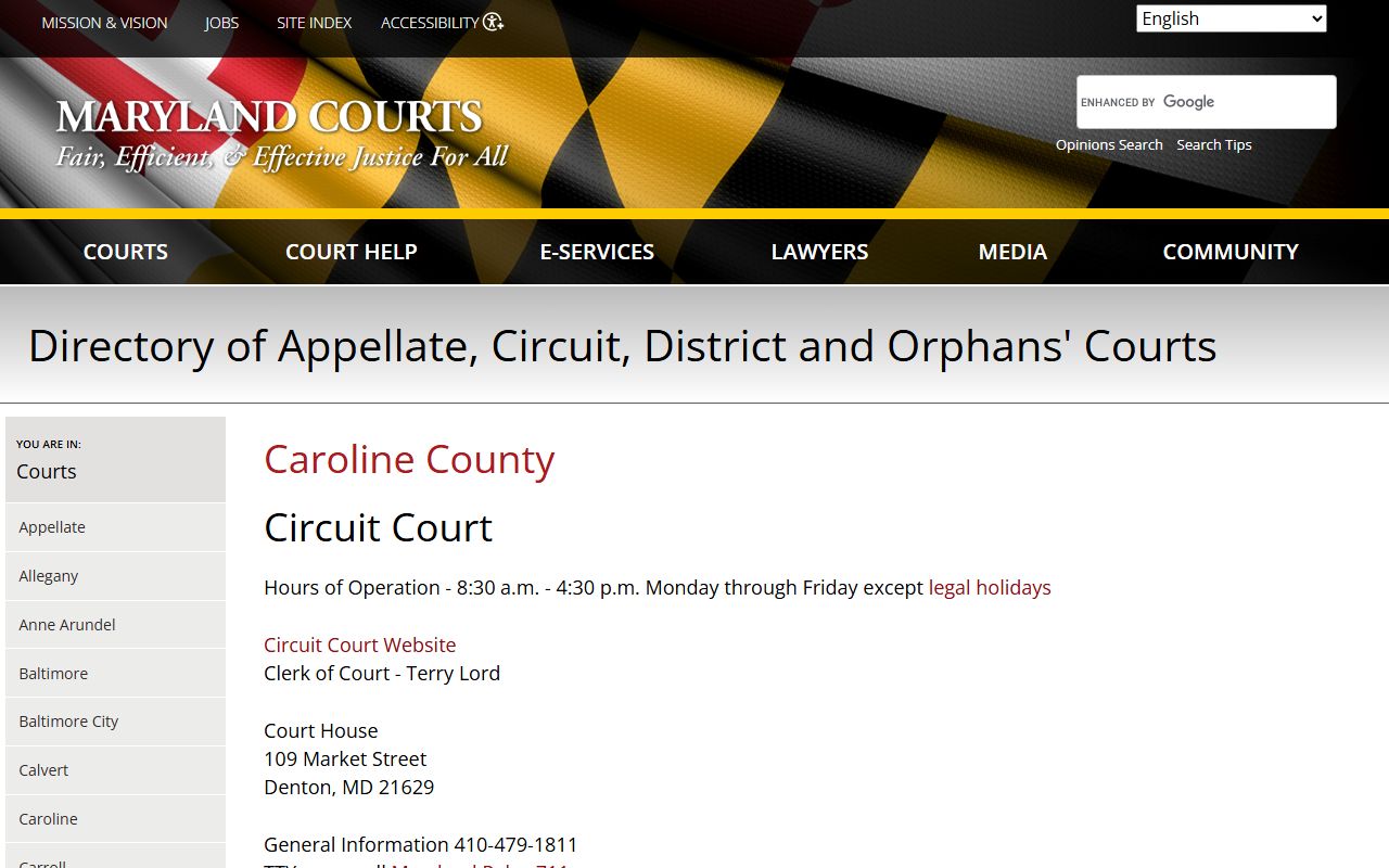 Caroline County Circuit Court clerk page for civil court records