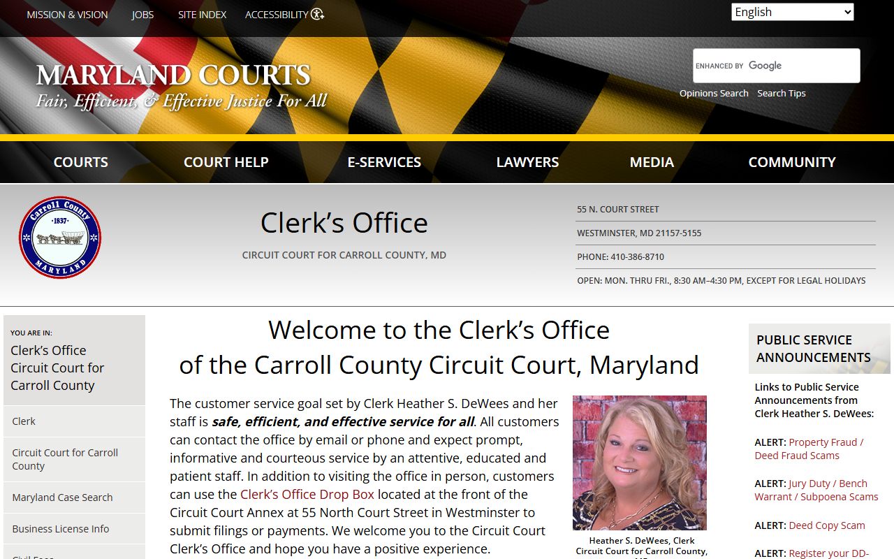 Carroll County Circuit Court Clerk office page showing civil court records information for Westminster, Maryland