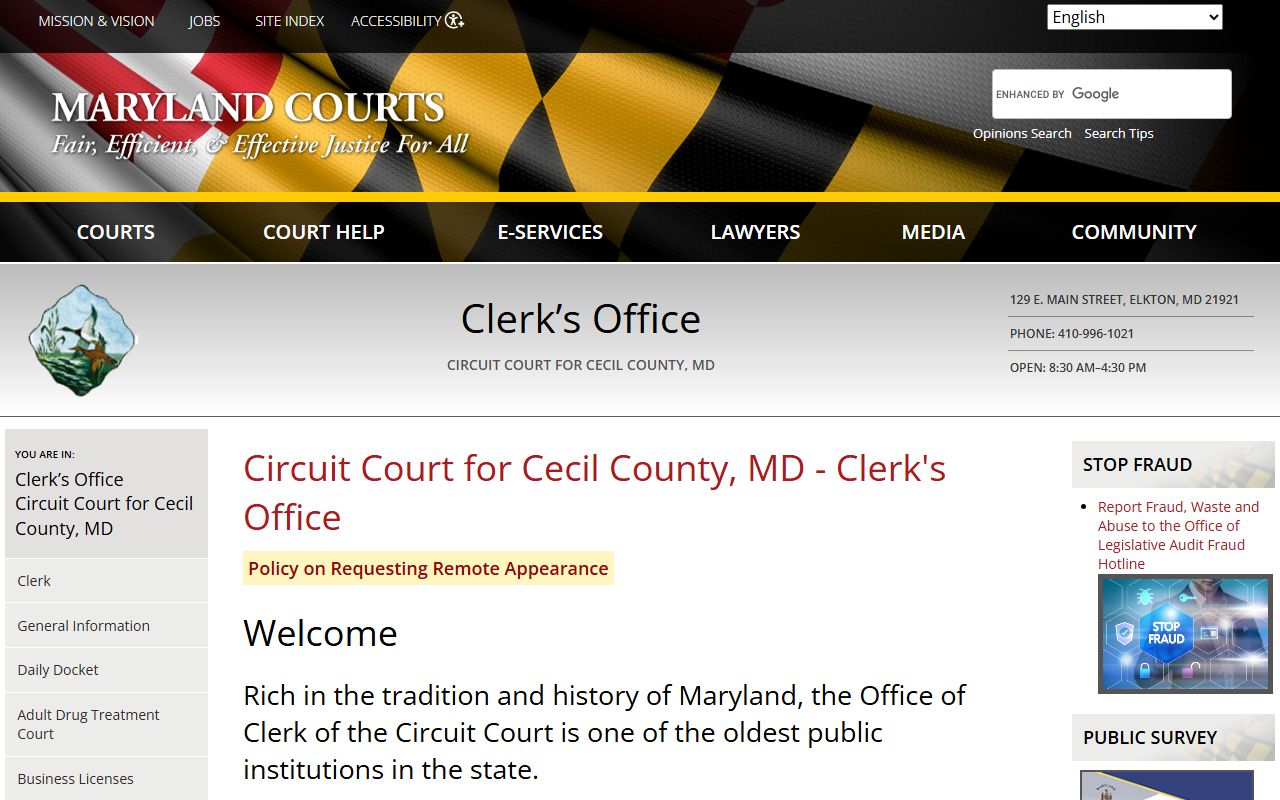 Cecil County Circuit Court Clerk office page showing civil court records and contact information for Elkton, Maryland