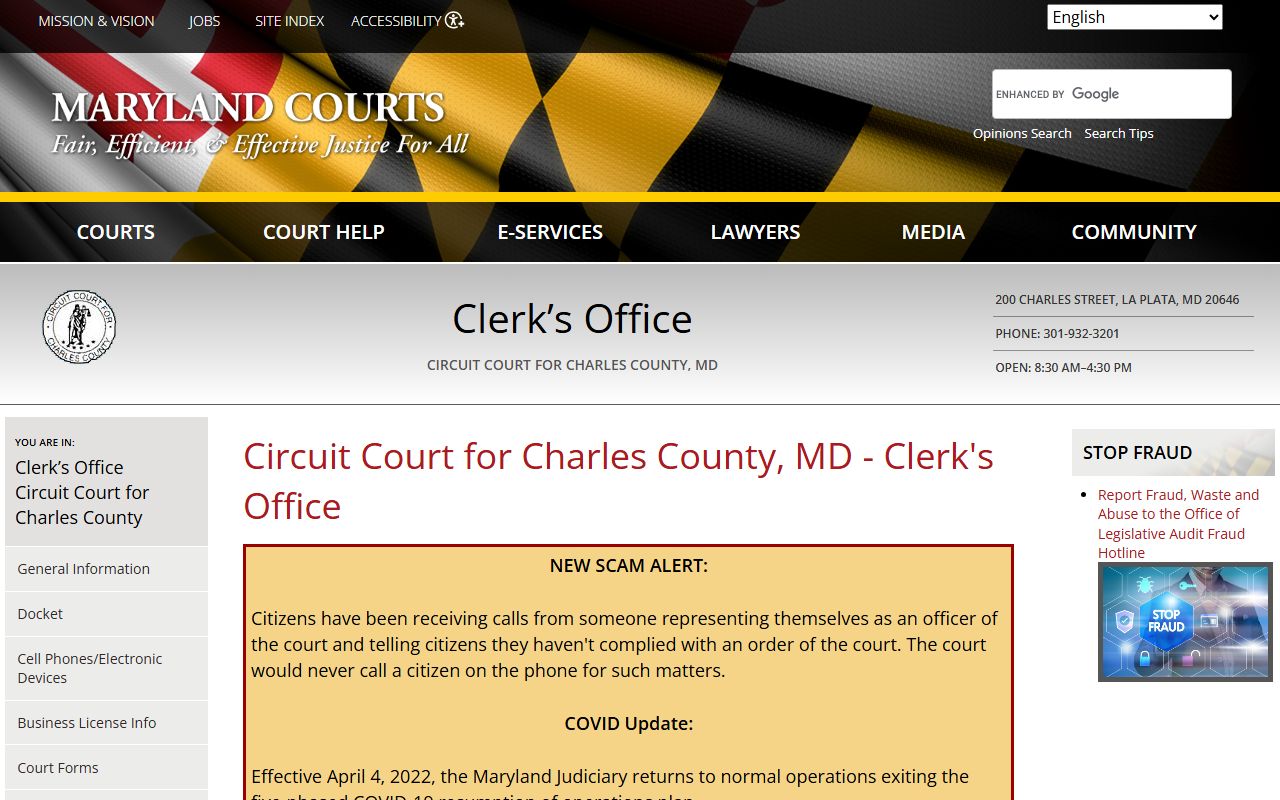 Charles County Circuit Court Clerk office page showing civil court records information for La Plata, Maryland