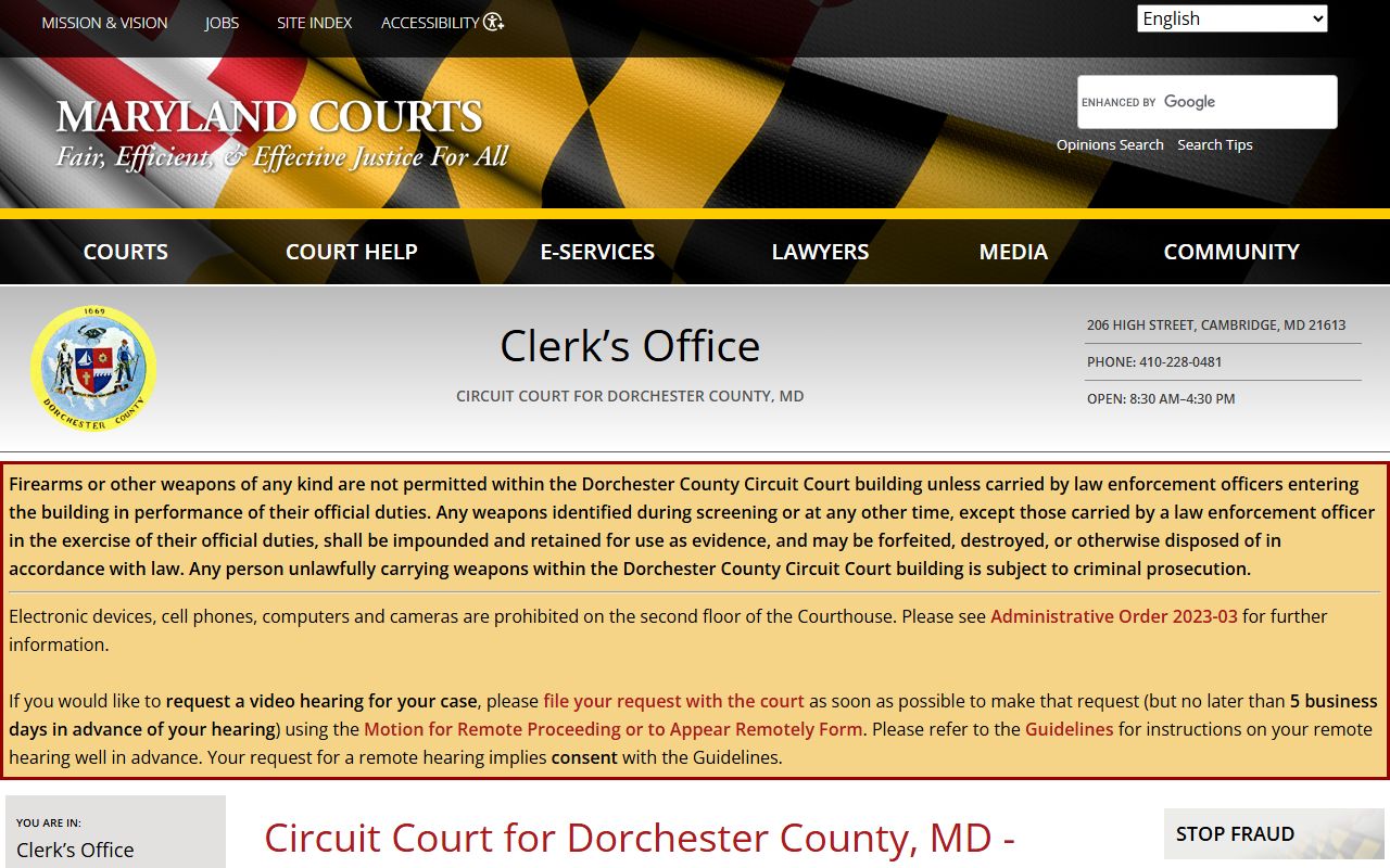 Dorchester County Circuit Court Clerk office page showing civil court records and contact information for Cambridge, Maryland