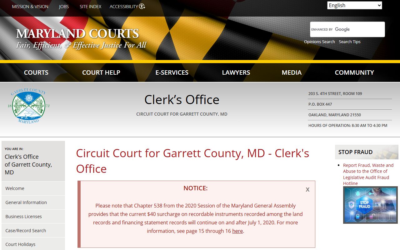 Garrett County Circuit Court clerk office page showing civil court records access for Garrett County