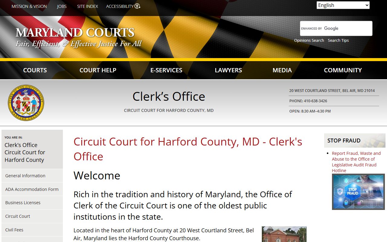 Harford County Circuit Court clerk office showing civil court records resources for Harford County