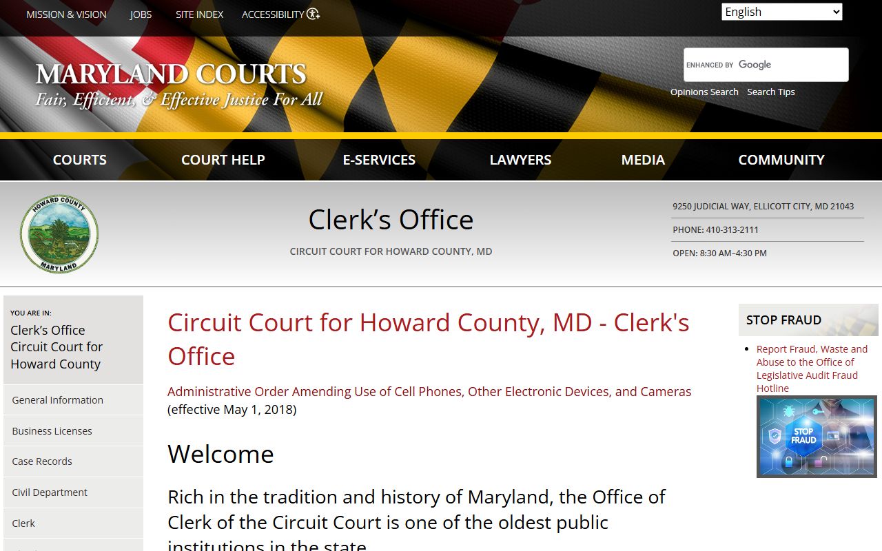 Howard County Circuit Court clerk page showing civil court records access and contact information for Howard County