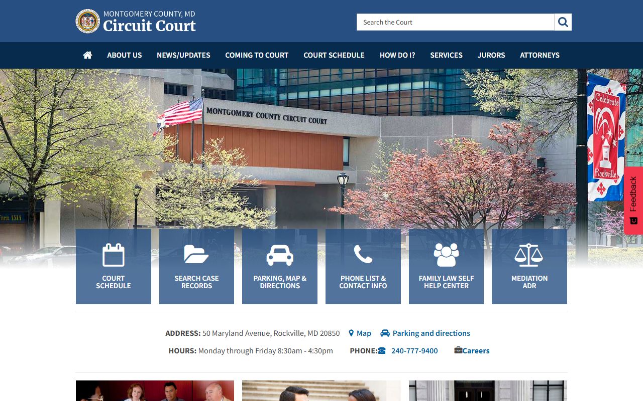 Montgomery County Circuit Court clerk website showing civil court records resources and contact information for Montgomery County