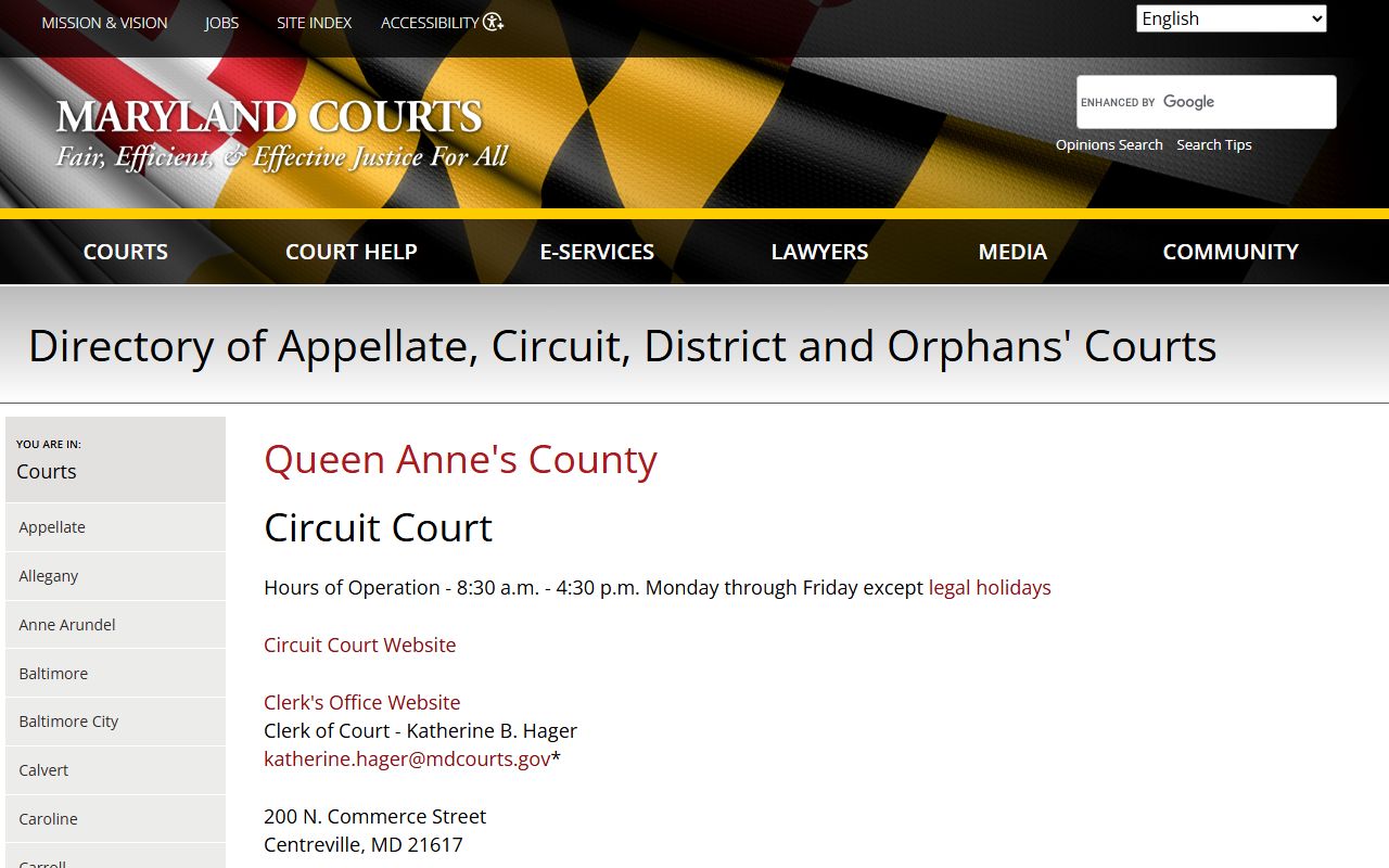 Queen Anne's County Circuit Court clerk directory listing