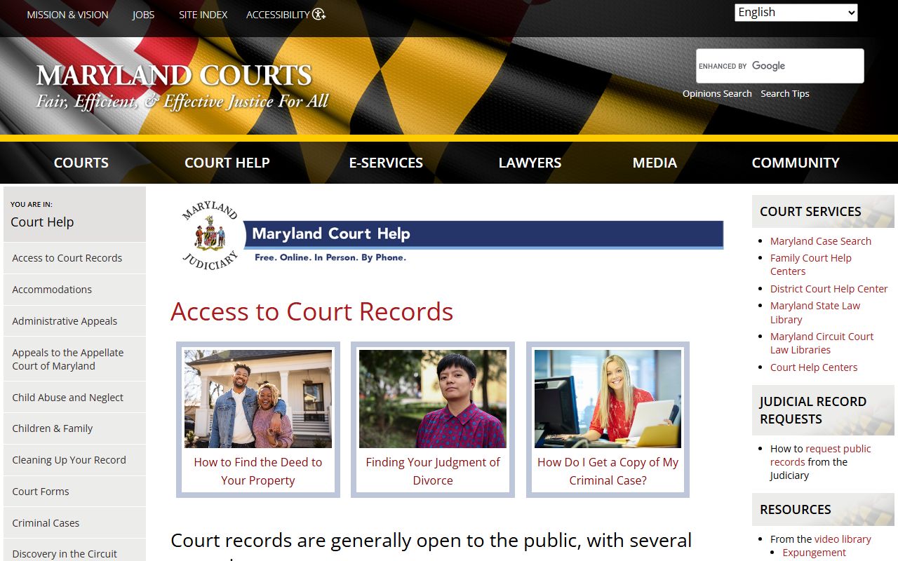 Maryland Judiciary access to court records information page for civil court record requests