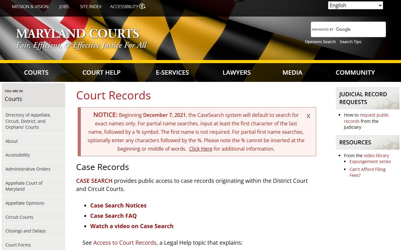 Maryland Courts court records main page with links to civil court records and case search