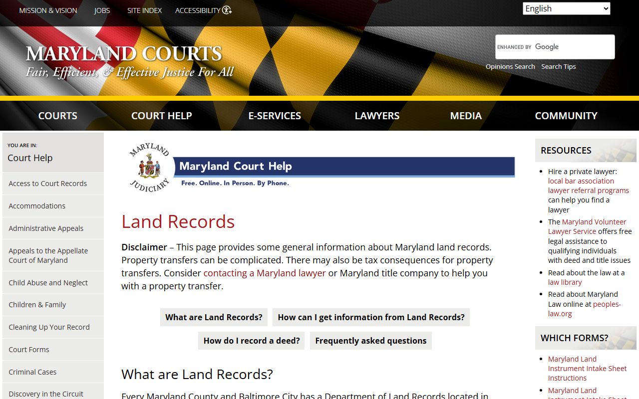 Maryland Courts land records information page for civil court document searches