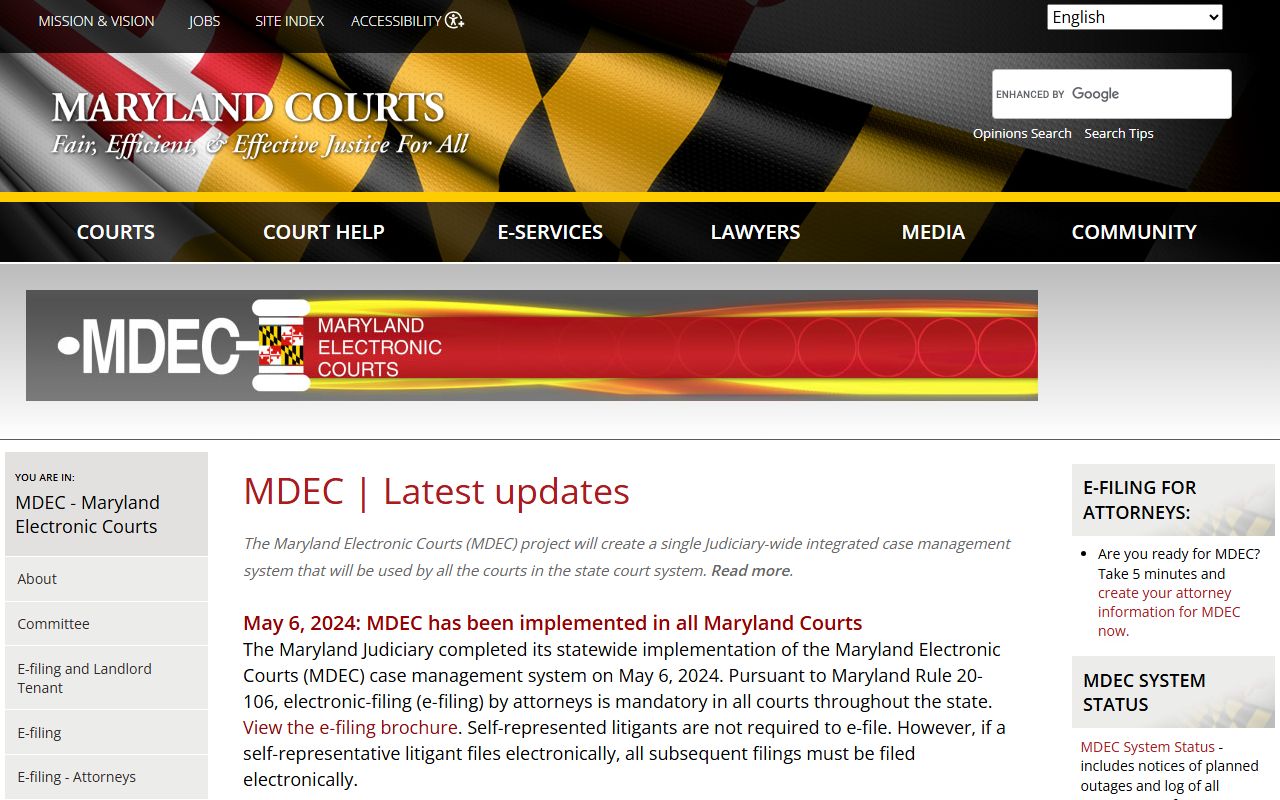 Maryland Electronic Courts MDEC portal page for e-filing and civil court records access