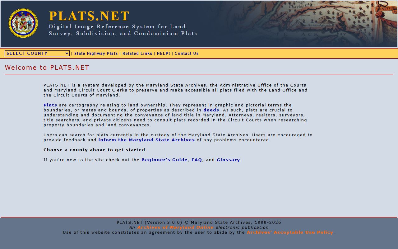 Plats.net Maryland plat records database for civil court land filings