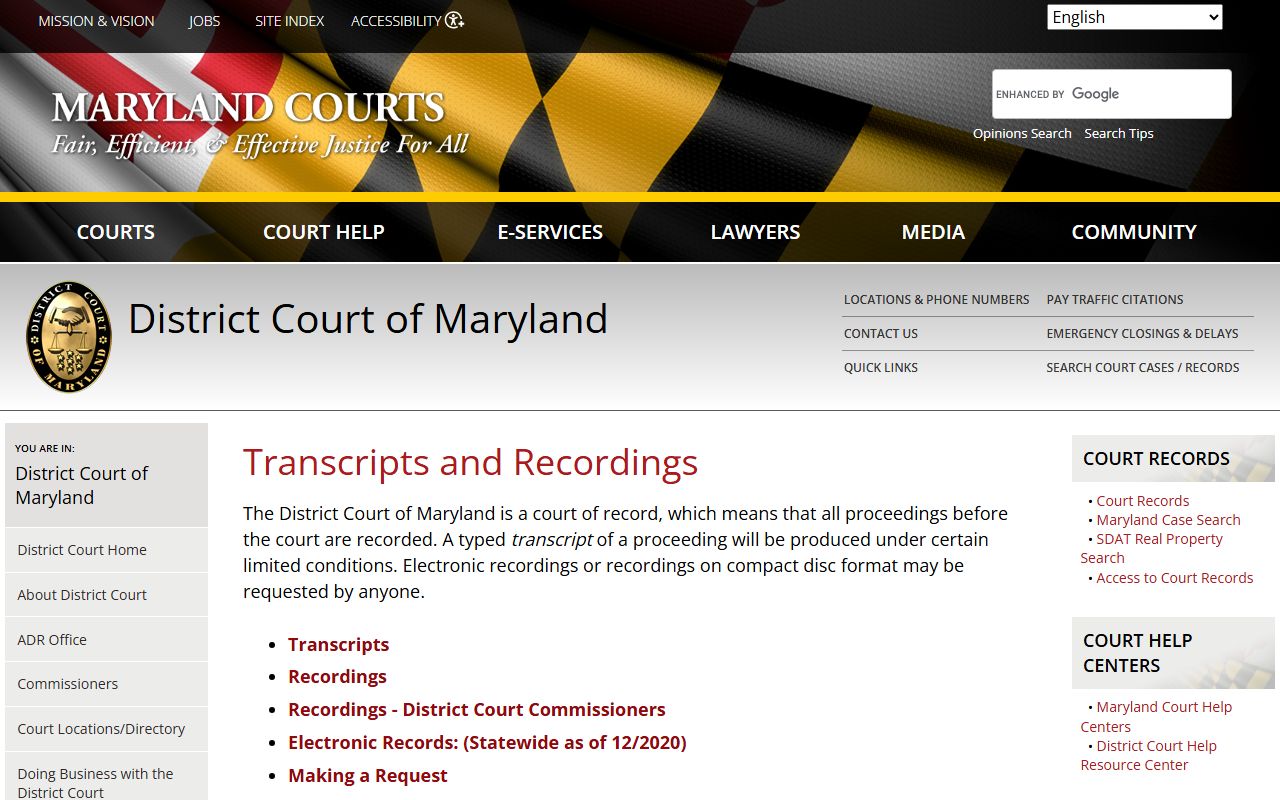 Maryland Courts transcripts and recordings information page for civil court proceedings